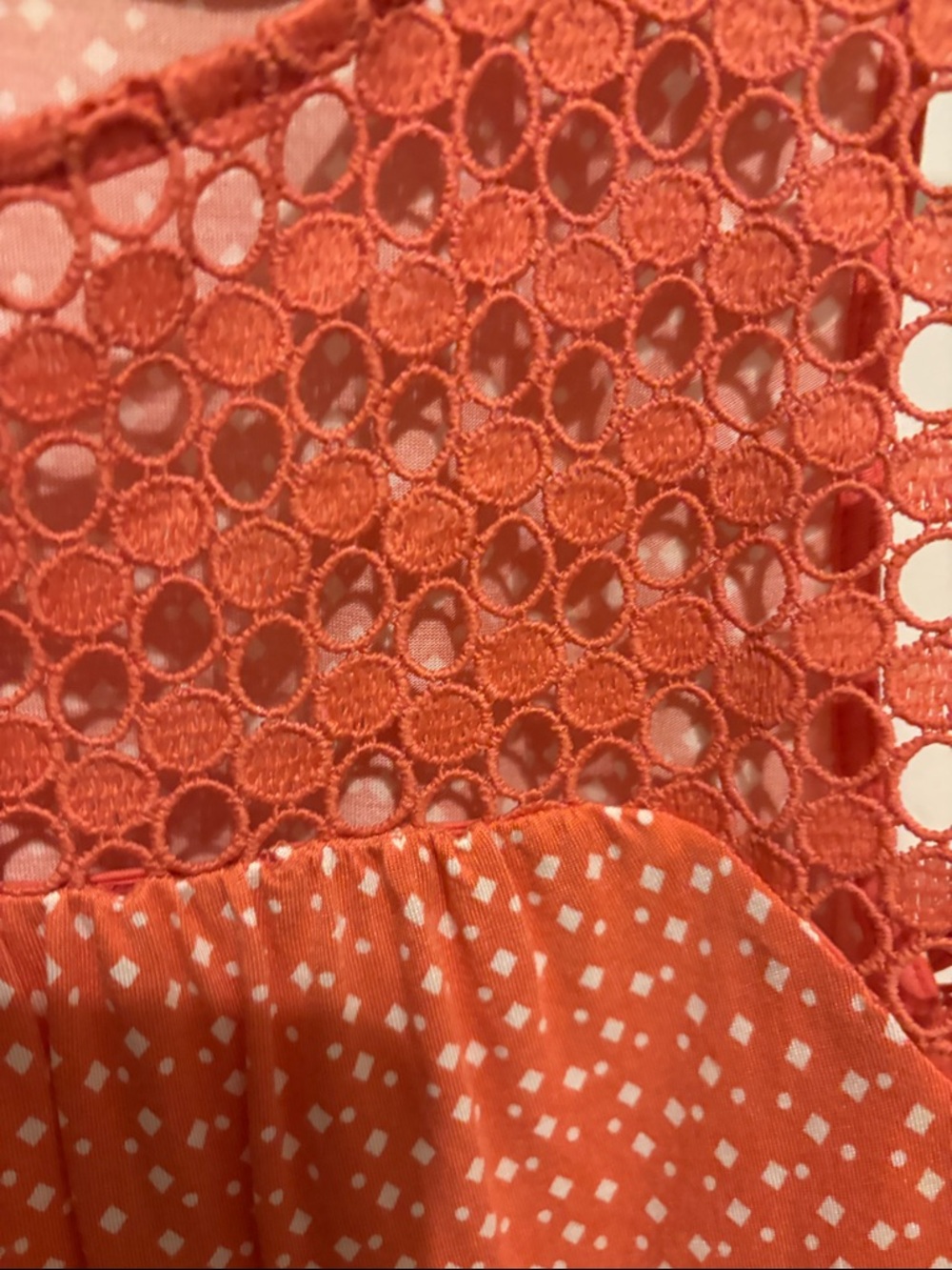 LOFT Coral Sleeveless Crochet Yoke Tank with White Dot Print - Picture 3 of 5